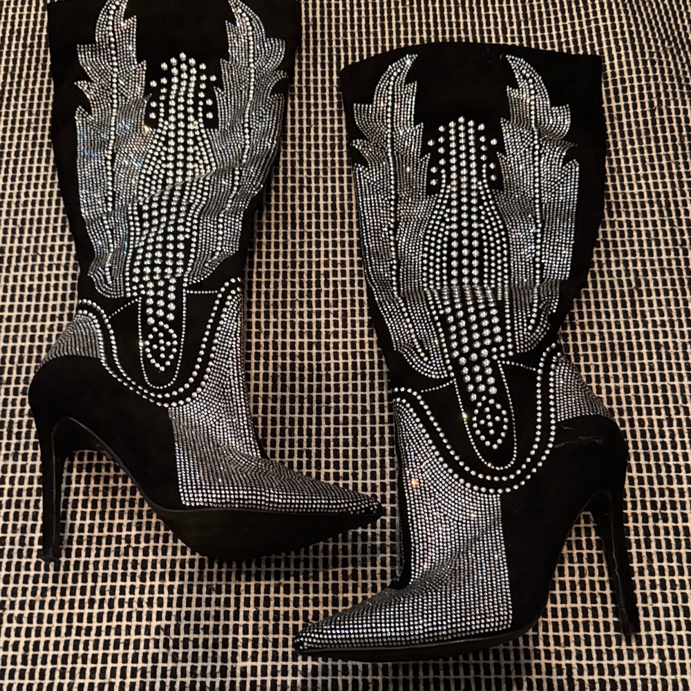 Elegant Black Rhinestone Embellished Women's Boots 7.5